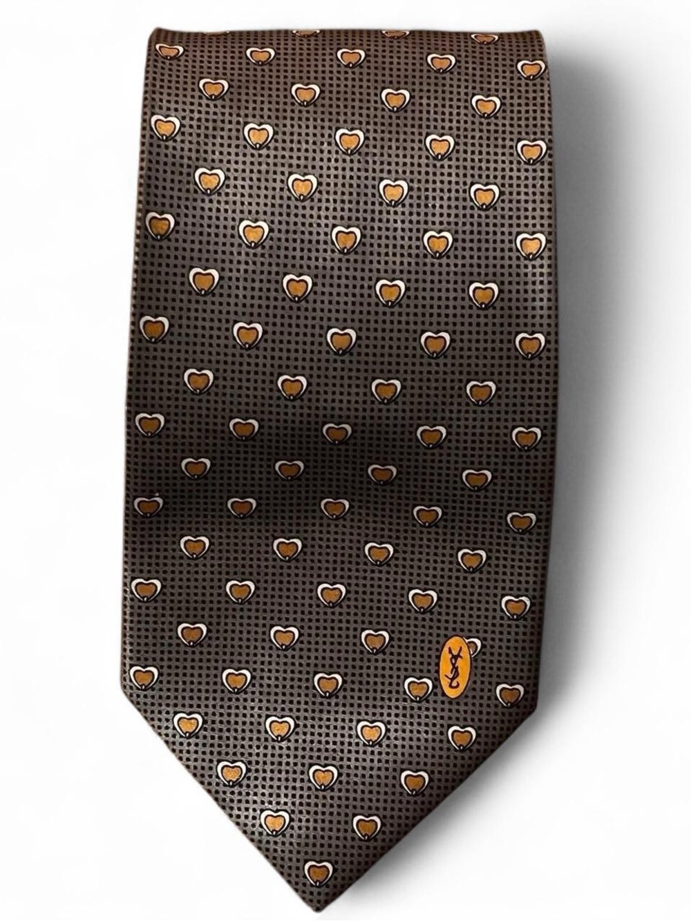 Yves Saint Laurent Vintage 100% Silk Necktie Gray Gold Heart Print Hand Made YSL